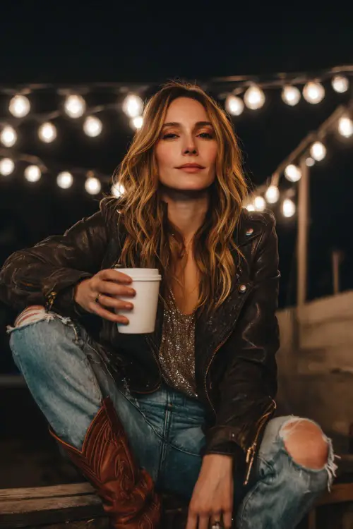 A woman dressed in a leather jacket over a sequin blouse, paired with ripped jeans and pointed-toe cowboy boots, holding a hot drink near glowing string lights 