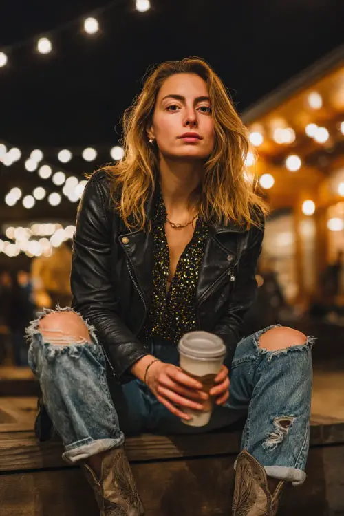 A woman dressed in a leather jacket over a sequin blouse, paired with ripped jeans and pointed-toe cowboy boots, holding a hot drink near glowing string lights