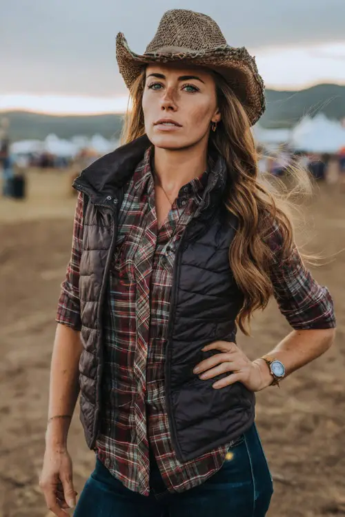 A woman dressed in a quilted puffer vest layered over a plaid button-down shirt, dark jeans, and cowgirl boots, holding her hat in the wind on a concert field