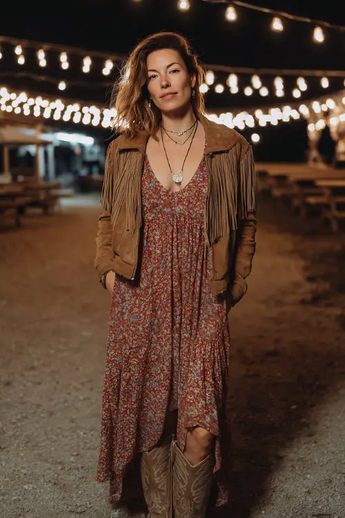 A woman in a boho maxi dress with a suede fringe jacket, layered necklace, and cowboy boots, standing under fairy lights at a crisp fall night concert 