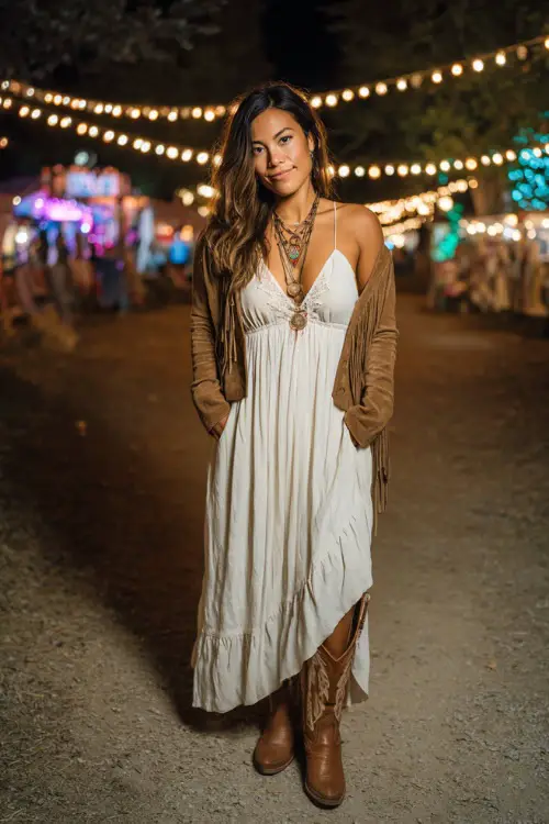 A woman in a boho maxi dress with a suede fringe jacket, layered necklace, and cowboy boots, standing under fairy lights at a crisp fall night concert 