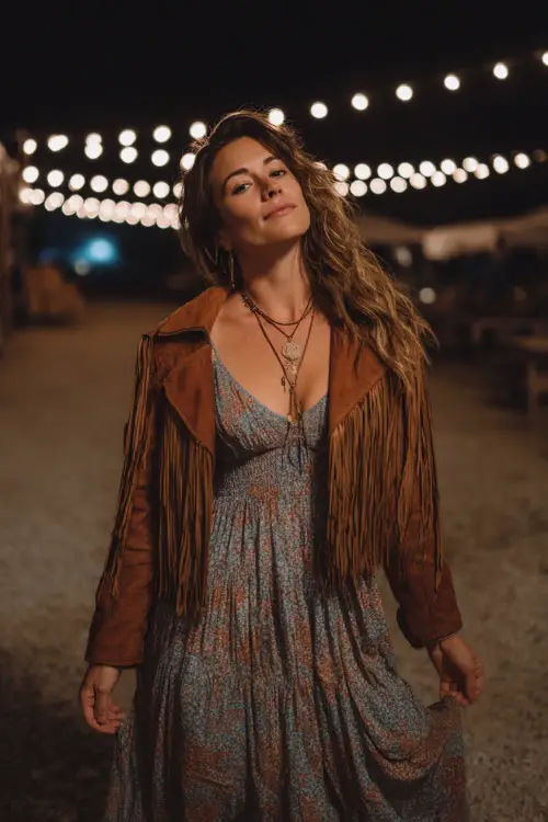 A woman in a boho maxi dress with a suede fringe jacket, layered necklace, and cowboy boots, standing under fairy lights at a crisp fall night concert