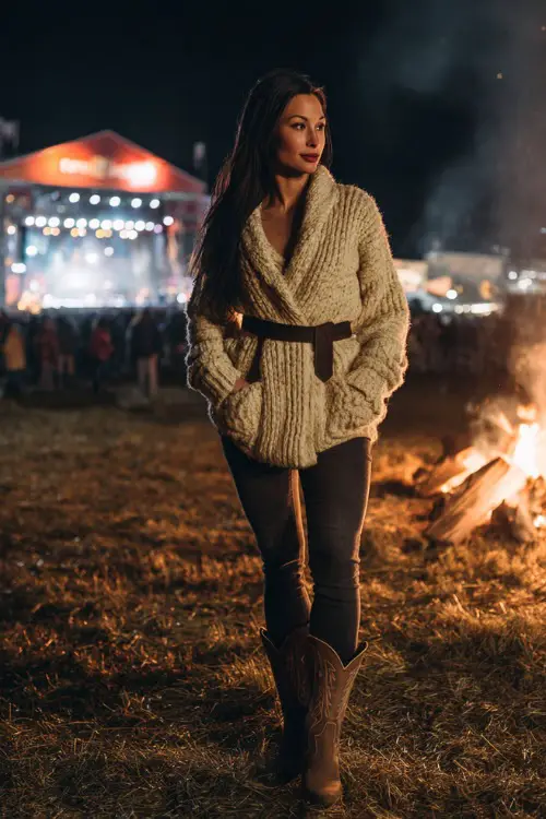 A woman in a chunky knit cardigan belted at the waist, dark skinny jeans, and cowboy boots, standing beside a bonfire with a concert stage glowing in the background 