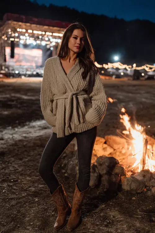 A woman in a chunky knit cardigan belted at the waist, dark skinny jeans, and cowboy boots, standing beside a bonfire with a concert stage glowing in the background