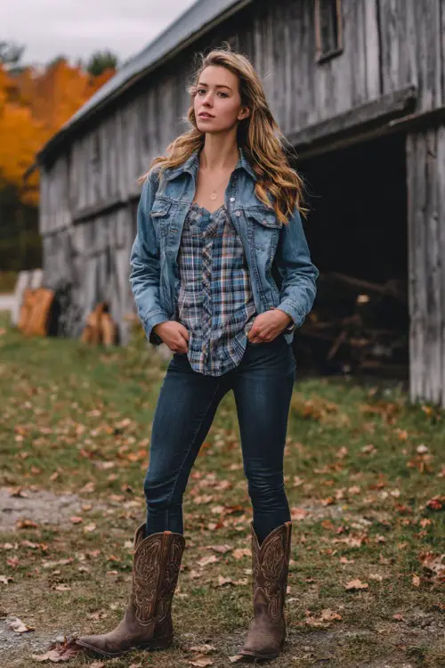 A woman in a cozy plaid flannel shirt layered under a denim jacket, skinny jeans, and brown cowboy boots, standing in front of a rustic barn with autumn leaves on the ground 