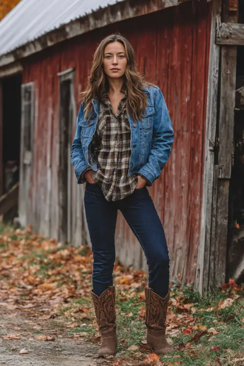 A woman in a cozy plaid flannel shirt layered under a denim jacket, skinny jeans, and brown cowboy boots, standing in front of a rustic barn with autumn leaves on the ground 