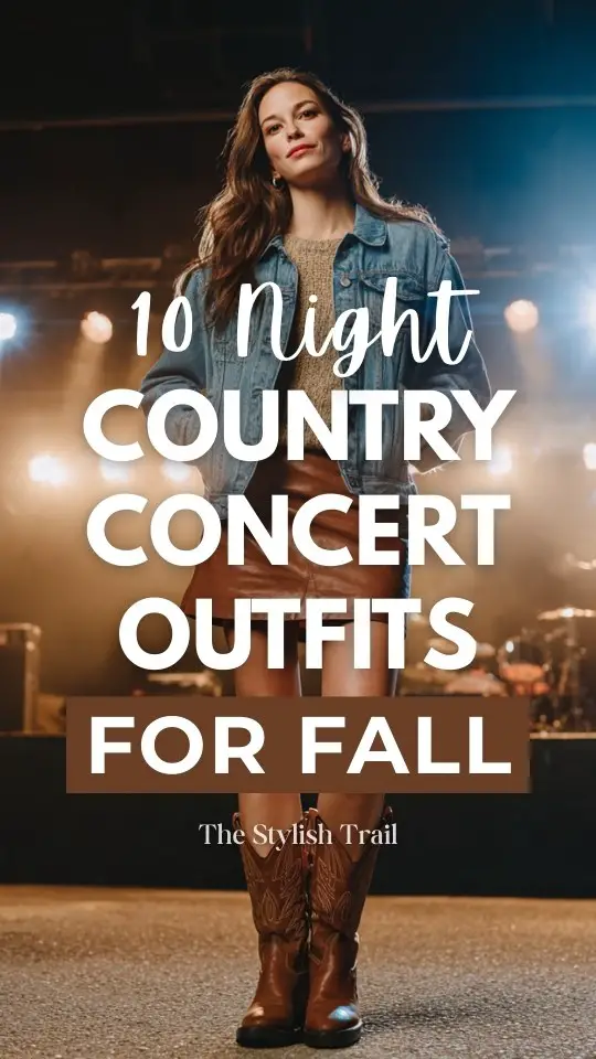 A woman in a denim jacket layered over a knit sweater, leather skirt, and brown cowboy boots outfit for a fall night country concert