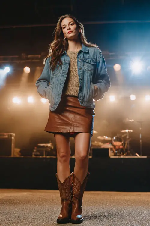 A woman in a denim jacket layered over a knit sweater, leather skirt, and brown cowboy boots, standing near a concert stage with bright spotlights in the background 