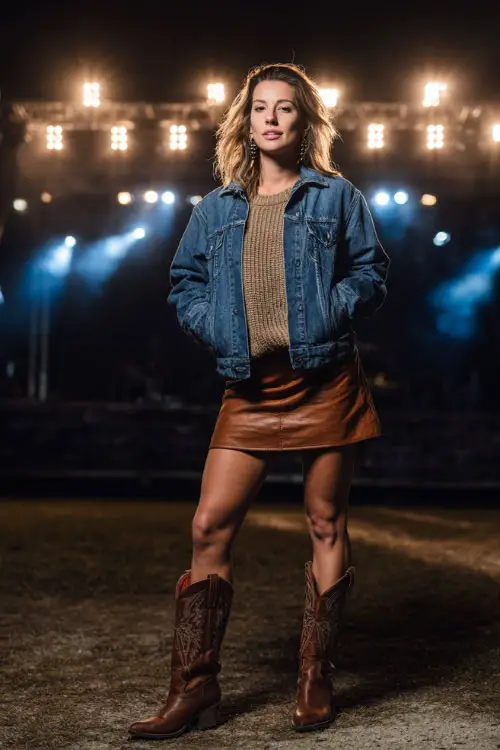 A woman in a denim jacket layered over a knit sweater, leather skirt, and brown cowboy boots, standing near a concert stage with bright spotlights in the background