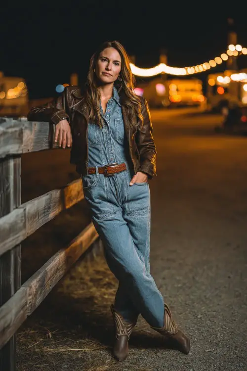 A woman in a fitted denim jumpsuit with a belt, layered with a cropped leather jacket, and pointed cowboy boots, leaning against a fence with glowing lights behind her 