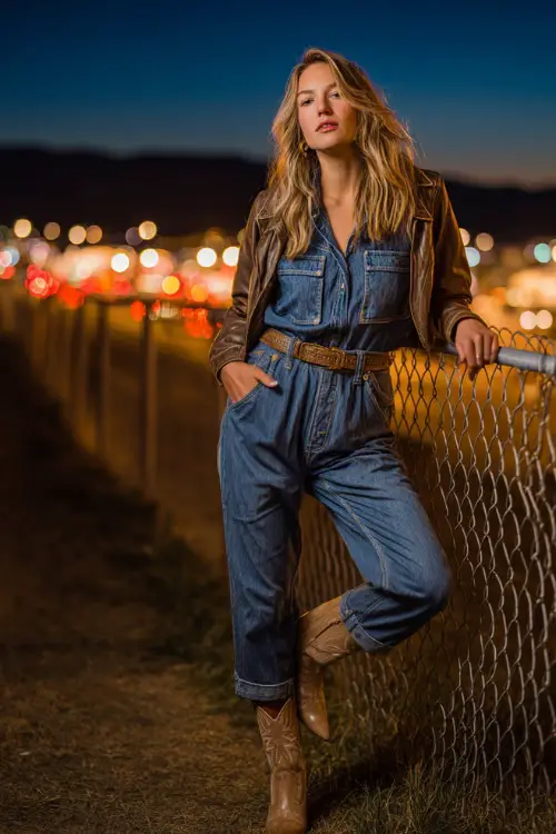 A woman in a fitted denim jumpsuit with a belt, layered with a cropped leather jacket, and pointed cowboy boots, leaning against a fence with glowing lights behind her 