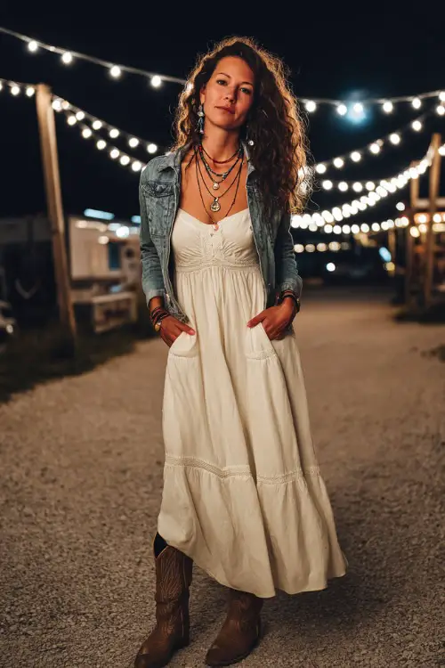 A woman in a floor-length boho maxi dress with a denim jacket, layered jewelry, and cowboy boots, standing under fairy lights at an open-air concert