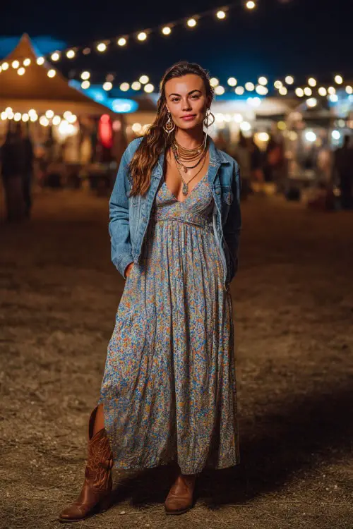 A woman in a floor-length boho maxi dress with a denim jacket, layered jewelry, and cowboy boots, standing under fairy lights at an open-air concert 