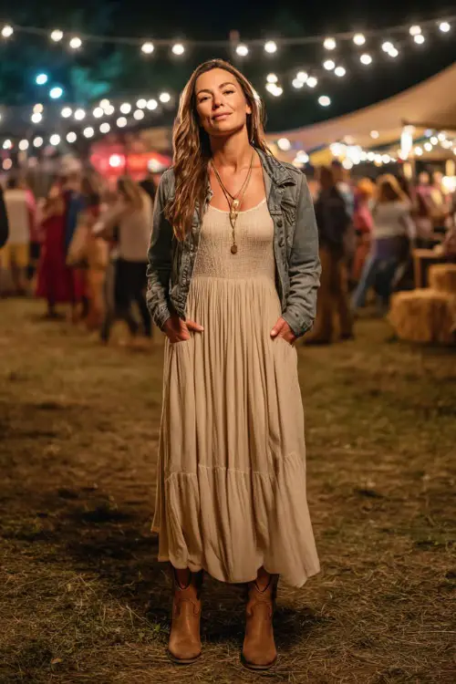 A woman in a floor-length boho maxi dress with a denim jacket, layered jewelry, and cowboy boots, standing under fairy lights at an open-air concert