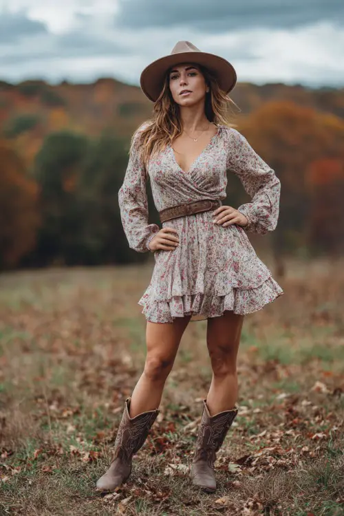 A woman in a flowy floral midi dress with long sleeves, belted at the waist, paired with brown cowboy boots and a felt hat, standing in a field with autumn leaves around 
