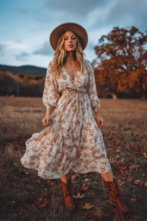 A woman in a flowy floral midi dress with long sleeves, belted at the waist, paired with brown cowboy boots and a felt hat, standing in a field with autumn leaves around 