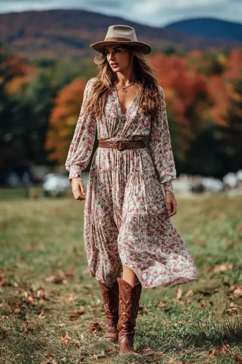 A woman in a flowy floral midi dress with long sleeves, belted at the waist, paired with brown cowboy boots and a felt hat, standing in a field with autumn leaves around