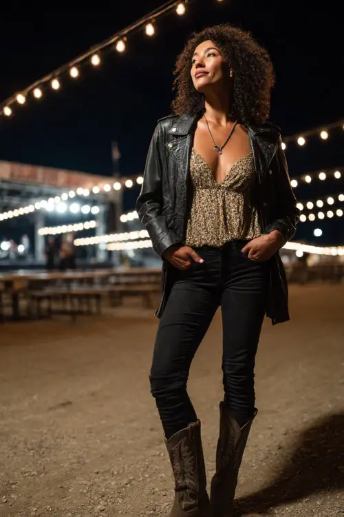 A woman in a leather jacket over a sequin camisole, skinny black jeans, and tall cowboy boots, standing under glowing string lights at a country concert stage at night 