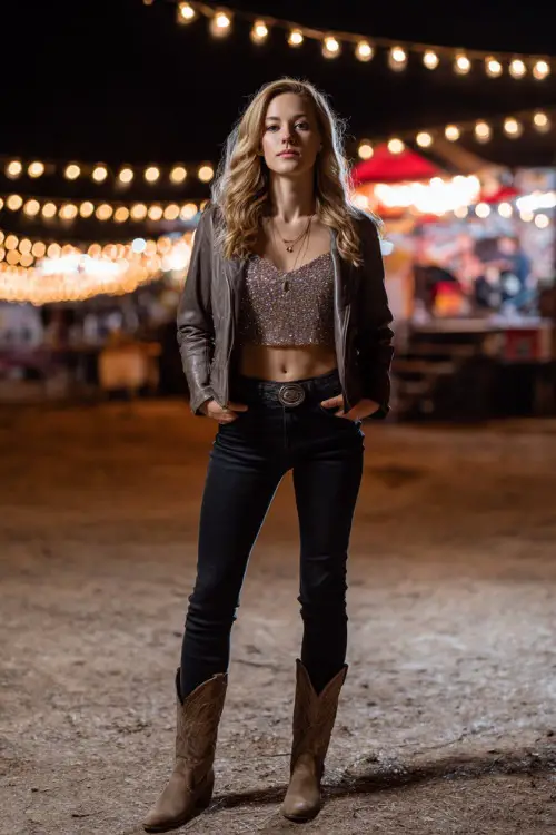 A woman in a leather jacket over a sequin camisole, skinny black jeans, and tall cowboy boots, standing under glowing string lights at a country concert stage at night