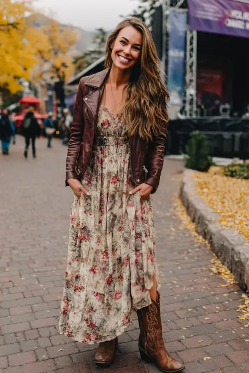A woman in a long sleeve maxi dress with floral patterns, layered with a leather jacket and cowboy boots, smiling near a stage with autumn leaves around 