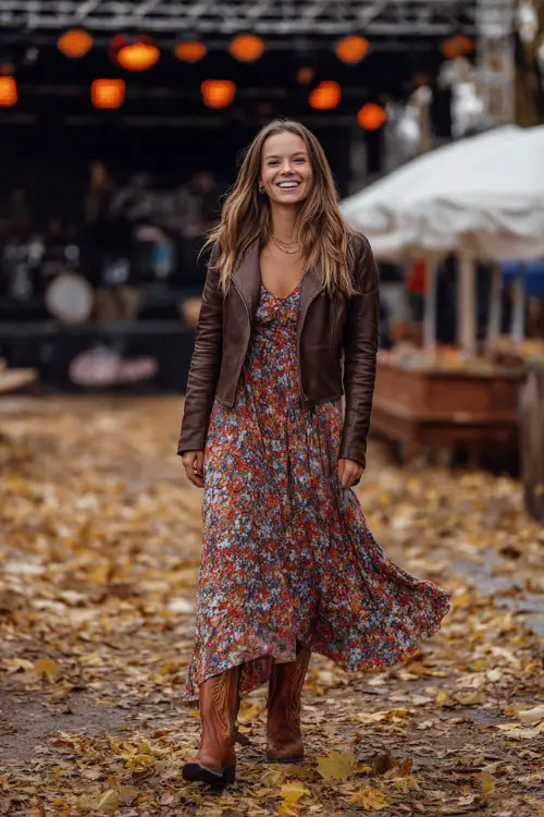 A woman in a long sleeve maxi dress with floral patterns, layered with a leather jacket and cowboy boots, smiling near a stage with autumn leaves around 