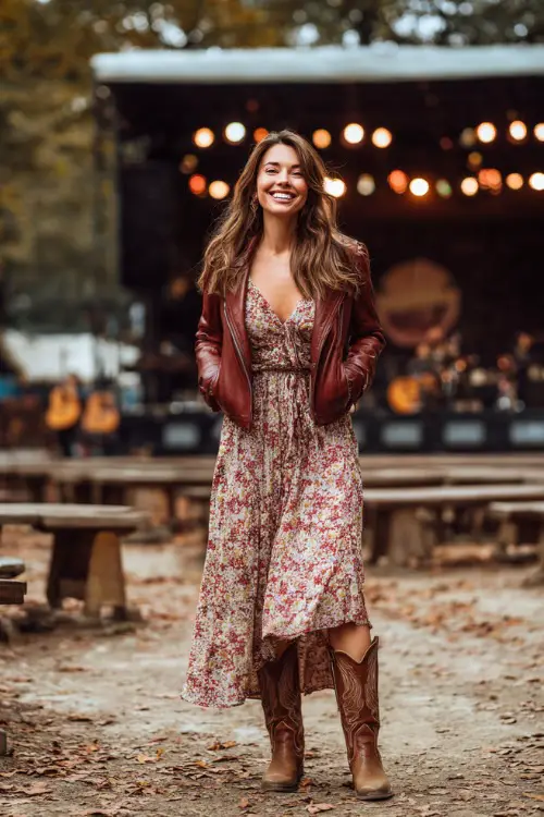 A woman in a long sleeve maxi dress with floral patterns, layered with a leather jacket and cowboy boots, smiling near a stage with autumn leaves around
