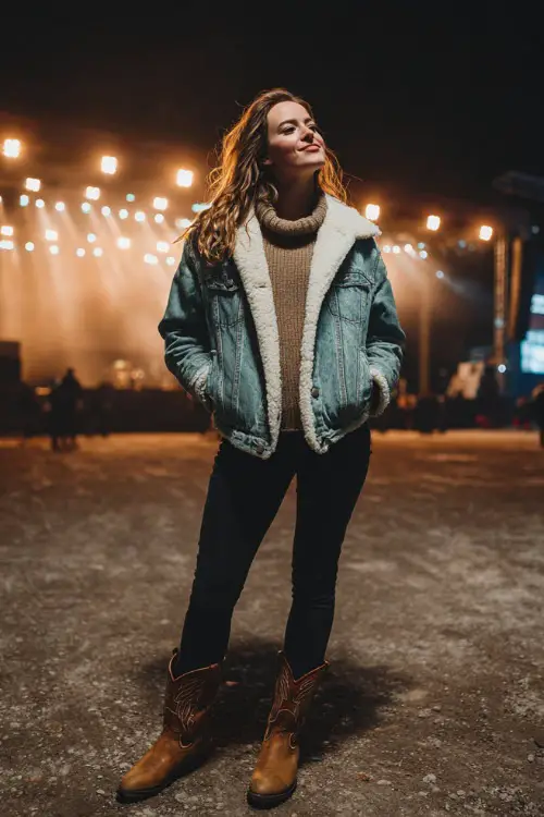 A woman in a shearling-lined denim jacket over a knit turtleneck, black skinny jeans, and brown cowboy boots, standing under glowing stage lights at a chilly outdoor concert 