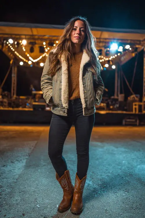 A woman in a shearling-lined denim jacket over a knit turtleneck, black skinny jeans, and brown cowboy boots, standing under glowing stage lights at a chilly outdoor concert