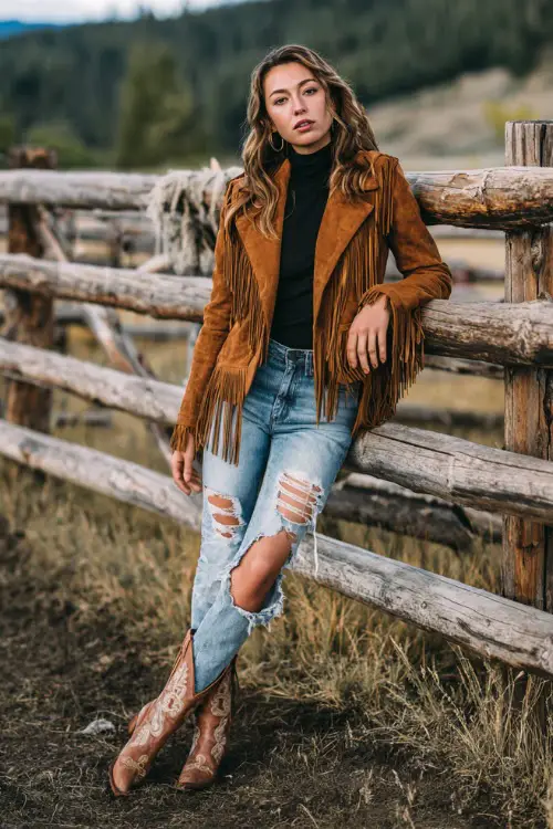 A woman in a suede fringe jacket over a turtleneck top, ripped jeans, and ankle cowboy boots, leaning against a wooden fence at a country concert 