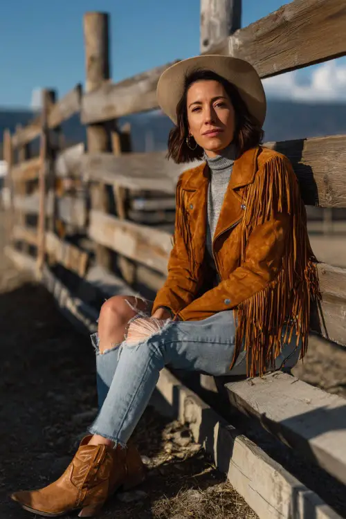 A woman in a suede fringe jacket over a turtleneck top, ripped jeans, and ankle cowboy boots, leaning against a wooden fence at a country concert 