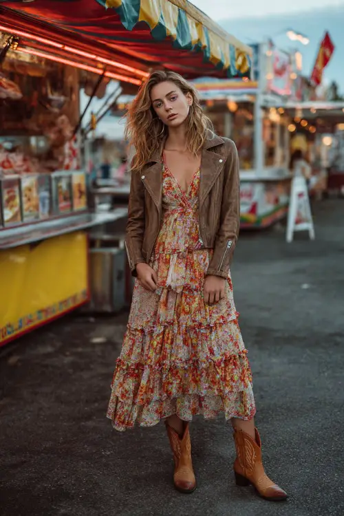 A woman in a tiered maxi dress with floral prints, layered with a cropped leather jacket and pointed-toe cowboy boots, standing near food stands with neon lights 