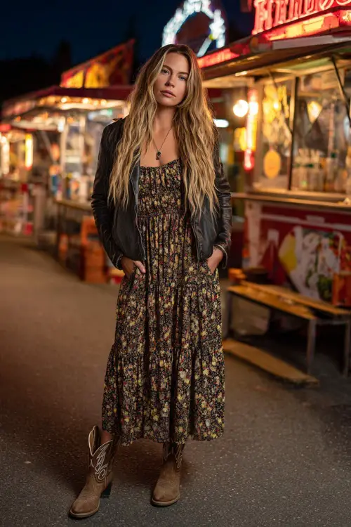 A woman in a tiered maxi dress with floral prints, layered with a cropped leather jacket and pointed-toe cowboy boots, standing near food stands with neon lights 