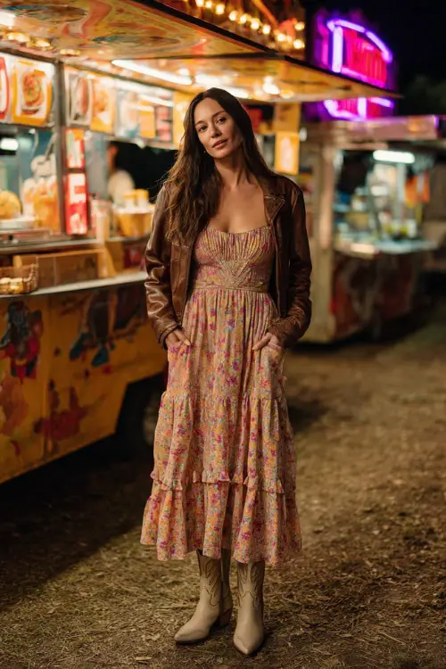 A woman in a tiered maxi dress with floral prints, layered with a cropped leather jacket and pointed-toe cowboy boots, standing near food stands with neon lights