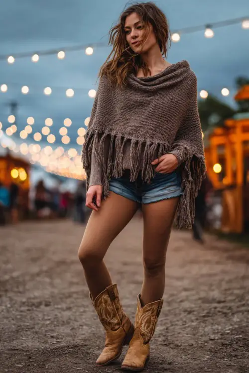 A woman in a wool poncho draped over a sweater, denim shorts with tights, and tan cowboy boots, standing near string lights at an outdoor concert 