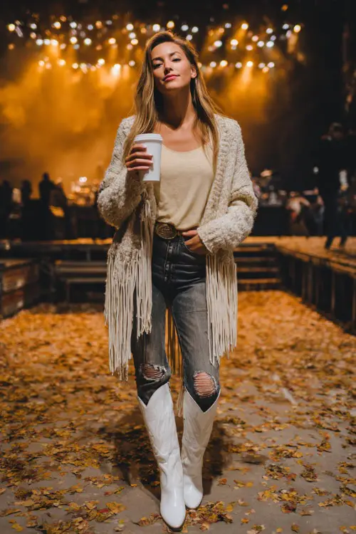 A woman in dark ripped jeans, oversized fringe cardigan, and tall white cowboy boots, holding a cup of coffee while standing near a glowing stage with autumn leaves scattered around