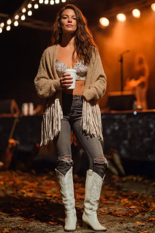 A woman in dark ripped jeans, oversized fringe cardigan, and tall white cowboy boots, holding a cup of coffee while standing near a glowing stage with autumn leaves scattered around 