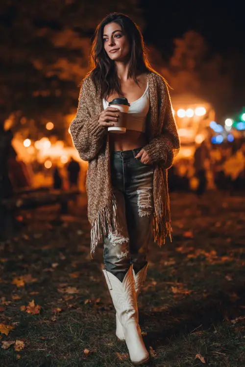 A woman in dark ripped jeans, oversized fringe cardigan, and tall white cowboy boots, holding a cup of coffee while standing near a glowing stage with autumn leaves scattered around