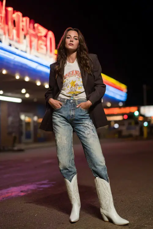 A woman in distressed blue jeans, graphic tee, and tailored blazer, paired with pointed white cowboy boots, posing confidently near neon lights at a night country concert 
