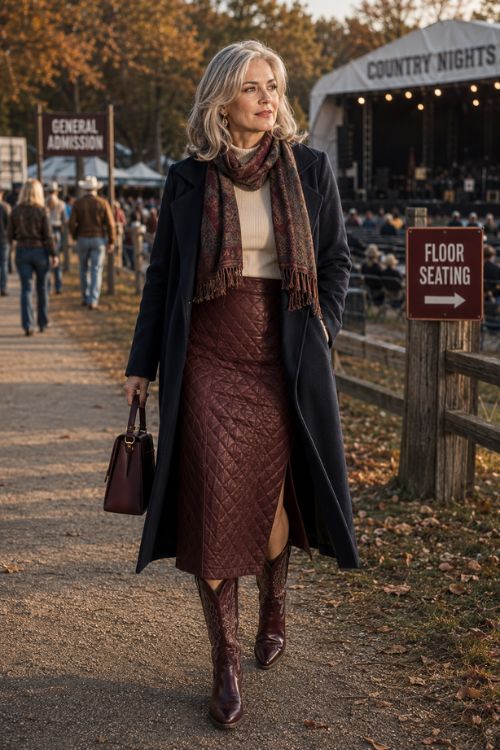 A woman in fall country concert outfit for cold night with a sweater, a coat, leather skirt and cowboy boots