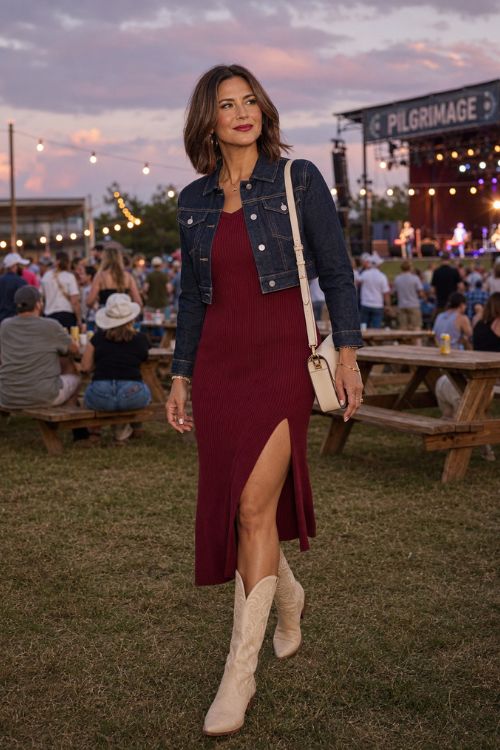 A woman in fall country concert outfit for cold weather with a burgundy sweater dress, a denim jacket and cream cowboy boots