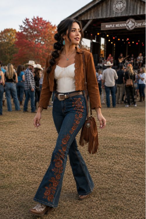 A woman in fall country concert outfit with jeans, a white top and a rust jacket