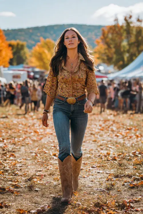 A woman in flared jeans, a tucked-in boho blouse, cowboy belt buckle, and suede cowboy boots, walking confidently through a festival field covered in autumn leaves 