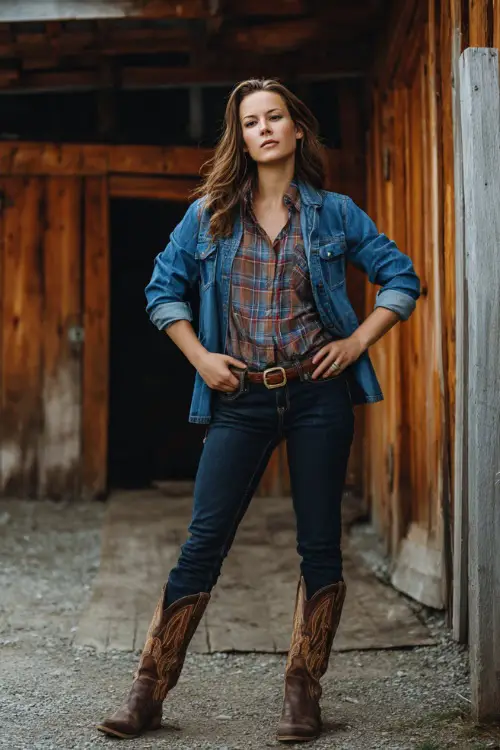 A woman in high-waisted dark blue skinny jeans, a plaid flannel shirt tucked in, and brown cowboy boots, layered with a denim jacket, standing in front of a rustic barn at a fall country concert 
