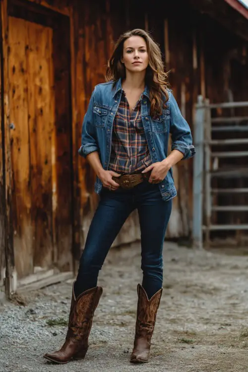 A woman in high-waisted dark blue skinny jeans, a plaid flannel shirt tucked in, and brown cowboy boots, layered with a denim jacket, standing in front of a rustic barn at a fall country concert 