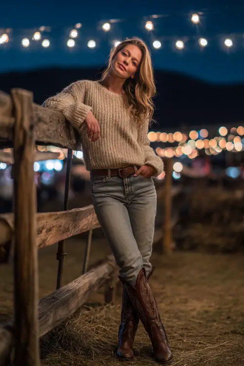 A woman in light wash bootcut jeans, a knit sweater, leather belt, and tall cowboy boots, leaning against a wooden fence under string lights, full body, warm and cozy country concert style 