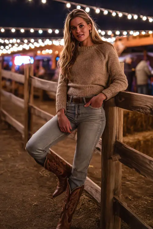 A woman in light wash bootcut jeans, a knit sweater, leather belt, and tall cowboy boots, leaning against a wooden fence under string lights, full body, warm and cozy country concert style