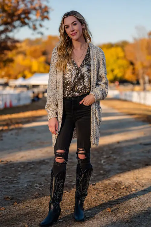 A woman in ripped skinny jeans, a sequined blouse, layered longline cardigan, and black cowboy boots, standing under autumn trees at an evening concert