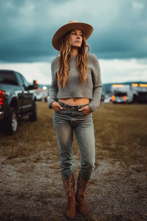 A woman in skinny grey jeans, a cropped knit sweater, wide-brim hat, and embroidered cowboy boots, posing near a pickup truck with concert lights glowing in the distance 
