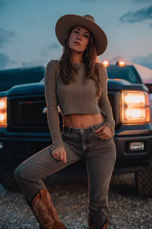 A woman in skinny grey jeans, a cropped knit sweater, wide-brim hat, and embroidered cowboy boots, posing near a pickup truck with concert lights glowing in the distance 