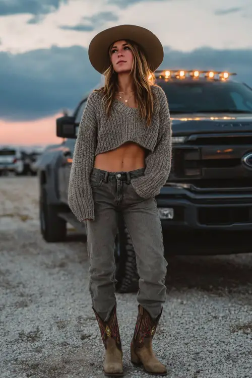 A woman in skinny grey jeans, a cropped knit sweater, wide-brim hat, and embroidered cowboy boots, posing near a pickup truck with concert lights glowing in the distance
